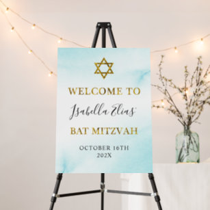 Bat Mitzvah Watercolor Pastel Blue Gold Welcome Foam Board