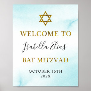 Bat Mitzvah Watercolor Pastel Blue Gold Welcome Poster