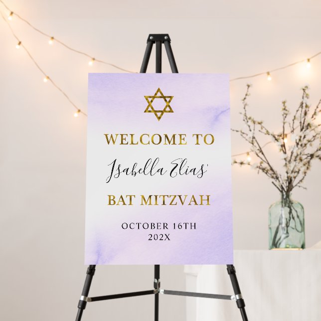 Bat Mitzvah Watercolor Pastel Purple Gold Welcome Foam Board (In Situ (Stand))