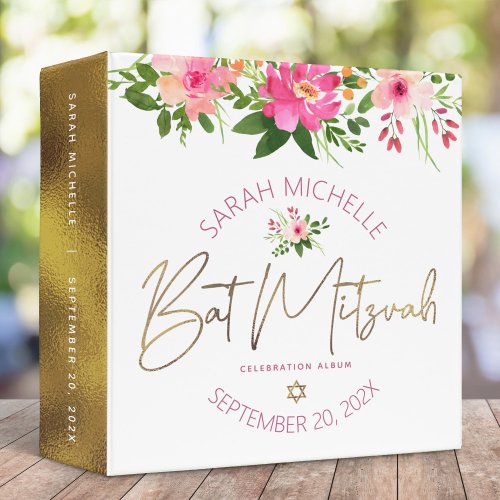 Bat Mitzvah Watercolor Pink Floral Gold Script 3 Ring Binder