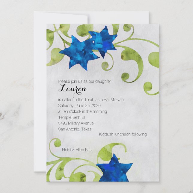 Bat Mitzvah Watercolor Star Floral Design Blue Invitation (Front)