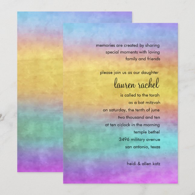 Bat Mitzvah Watercolor Streaks Invitation (Front/Back)