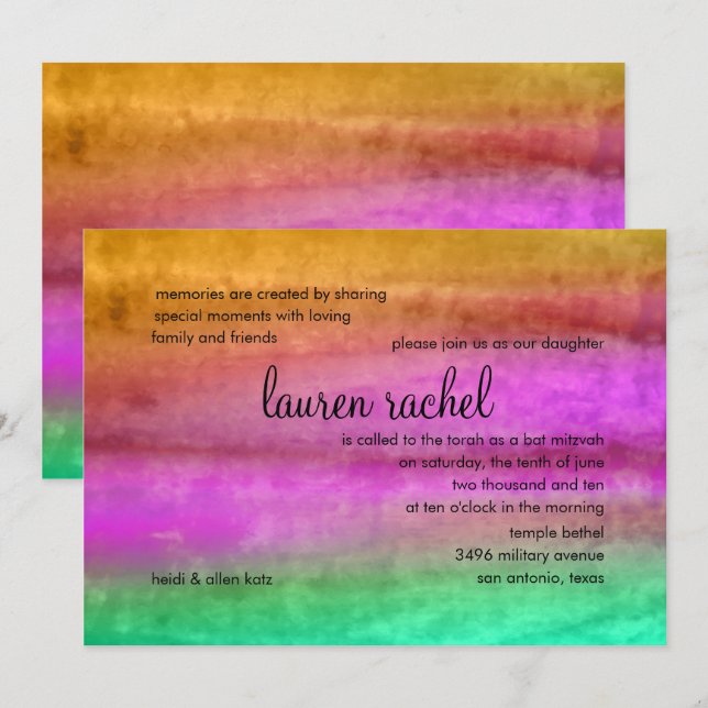 Bat Mitzvah Watercolor Streaks Invitation (Front/Back)