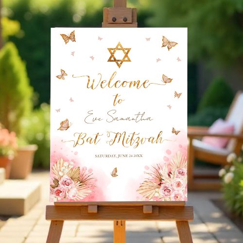 Bat Mitzvah Welcome Sign | Pink Boho Butterflies