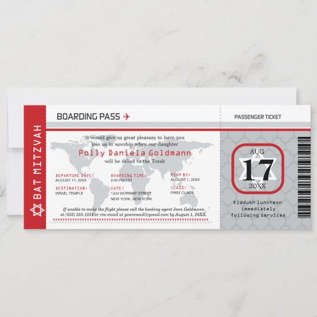 Bat Mitzvah World Traveler Boarding Pass Invitation (Front)