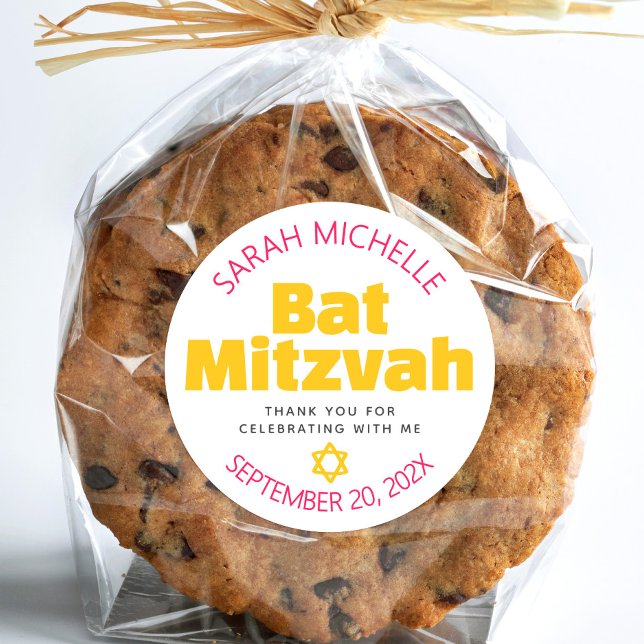 Bat Mitzvah Yellow Bold Hot Pink Typography Cool Classic Round Sticker (Creator Uploaded)