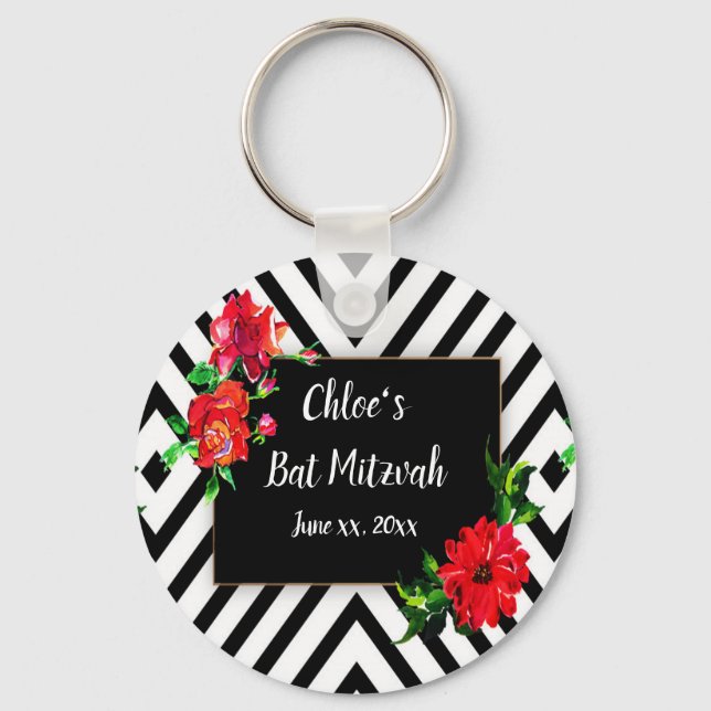 Bat Mizvah, Modern Stripes, Red Roses, Favor Keychain (Front)