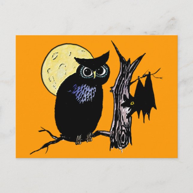 Bat Moon and Owl on Halloween Postcard (Front)