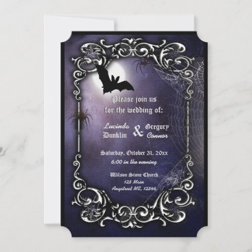 Bat Moon and Spiders with silver ornate decor Invitation