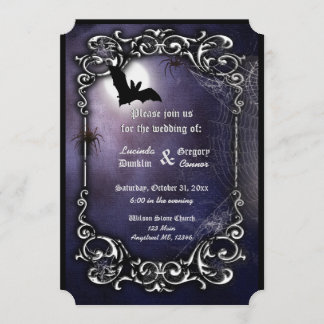 Bat, Moon and Spiders with silver ornate decor Invitation