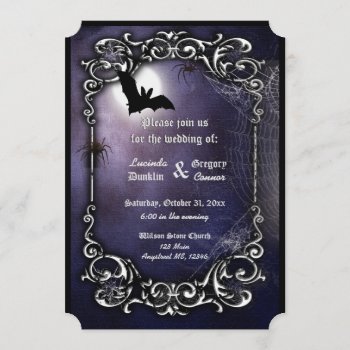 Bat  Moon And Spiders With Silver Ornate Decor Invitation by perfectwedding at Zazzle