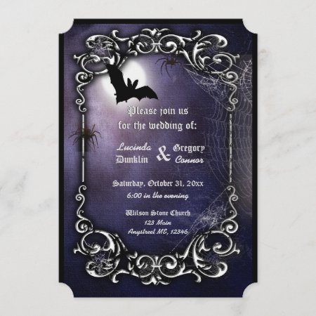 Bat, Moon And Spiders With Silver Ornate Decor Invitation