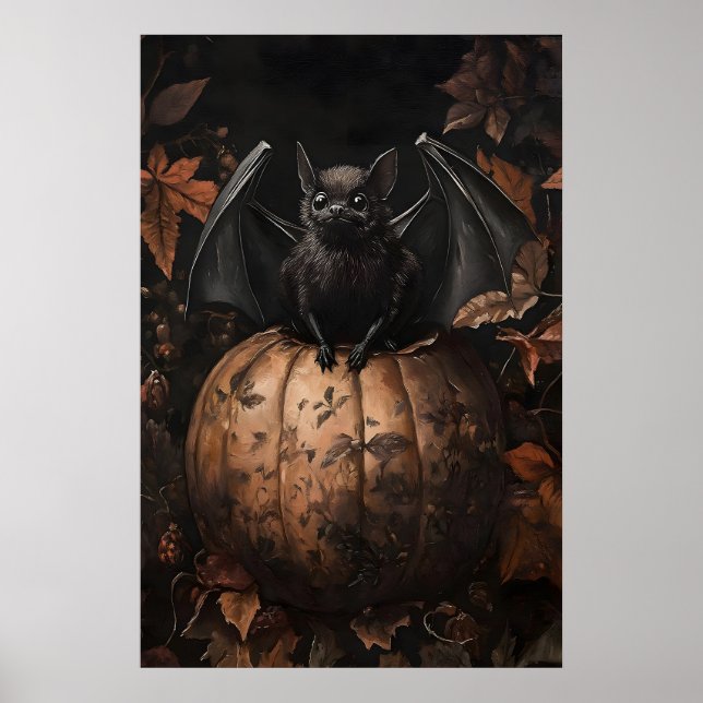 Bat on Pumpkin Fall Print, Dark Academia Gothic Poster (Front)