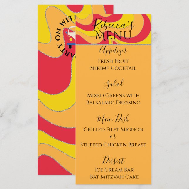 Bat or Bar Mitzvah Elegant Silvery Swirl Food Menu (Front/Back)