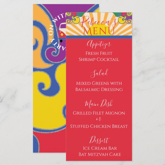 Bat or Bar Mitzvah Elegant Sparkly Swirl Food Menu (Front/Back)