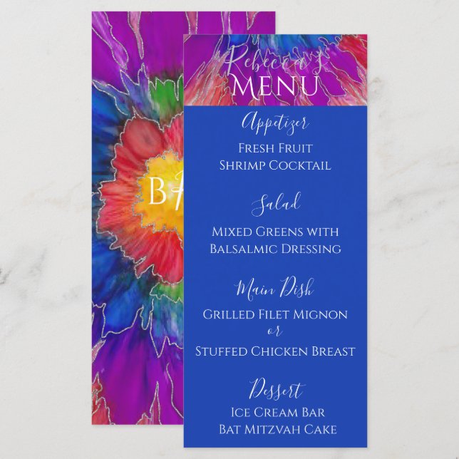 Bat or Bar Mitzvah Elegant Tie Dye Food Menu (Front/Back)