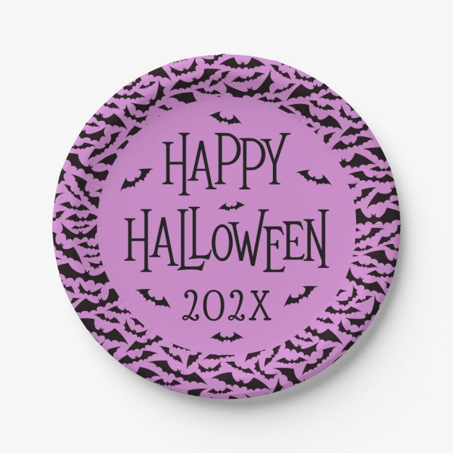 Bat pattern purple black Happy Halloween year Paper Plates (Front)