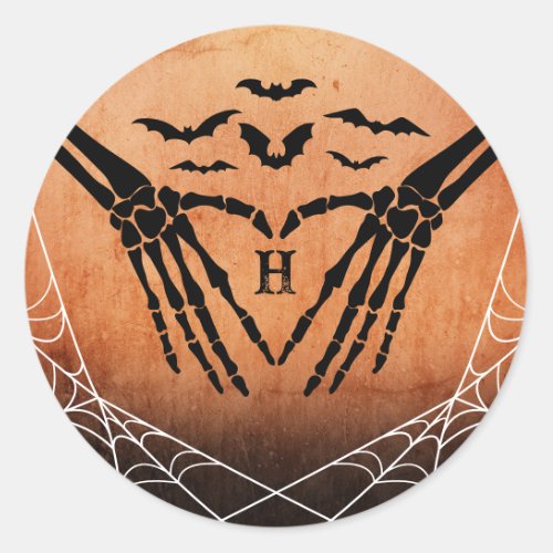 Bat Skeleton Heart Monogram Goth Halloween Wedding Classic Round Sticker