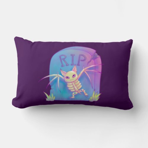 Bat Skeleton RIP Gravestone Halloween Drawing Lumbar Pillow