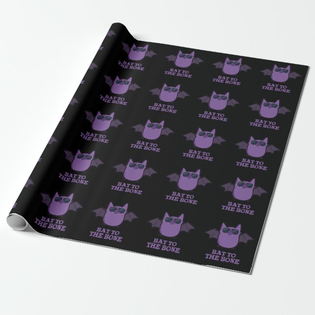 Bat To The Bone Funny Cool Animal Pun Dark BG Wrapping Paper (Unrolled)