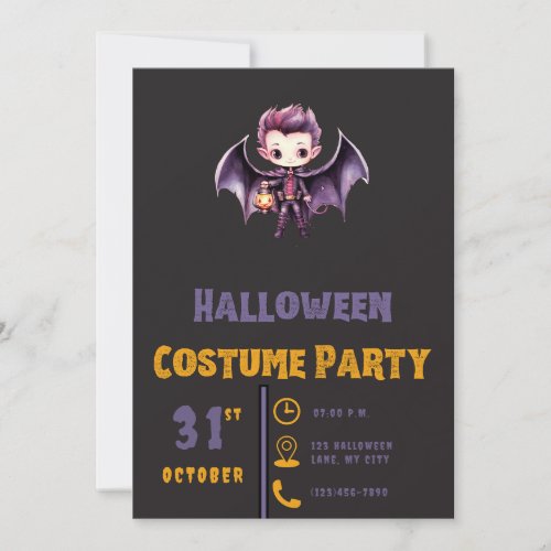 Bat Vampire Pumpkin Cute Modern Black Halloween Invitation