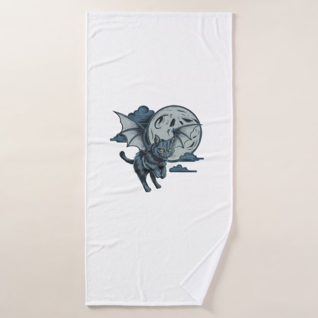 Bat-Winged Cat Scary Halloween Full Moon  Bath Towel (Bath Towel)