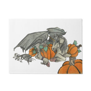 Bat winged Unicorn protecting a pumpkin patch Doormat