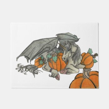 Bat Winged Unicorn Protecting A Pumpkin Patch Doormat by FanciesCreations at Zazzle