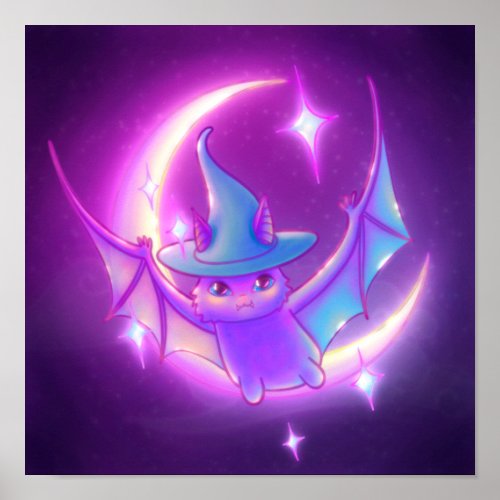 Bat Witch Crescent Moon Stars Art Poster