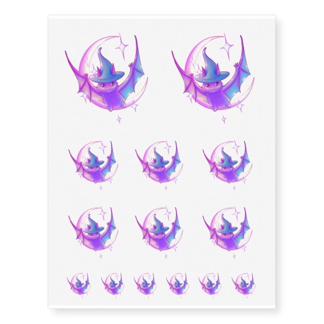 Bat Witch Crescent Moon Stars Art Temporary Tattoos (Front)