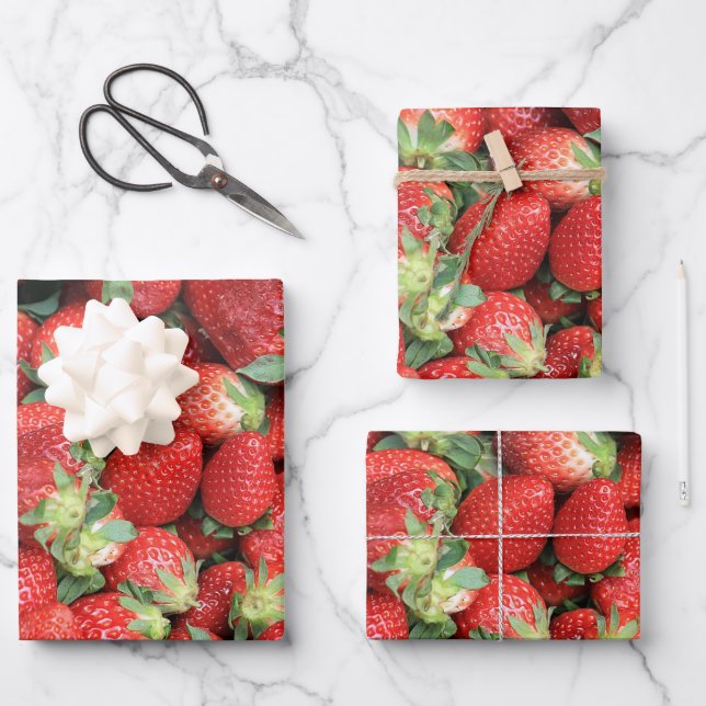 Batch of Red Juicy Strawberries Wrapping Paper Sheets (Front)