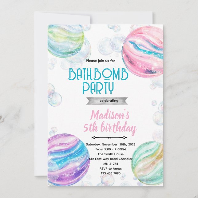 Bath bomb birthday party invitation (Front)