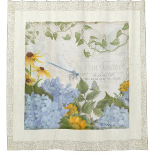 Bath Decor Farmhouse Vintage Floral Dragonfly Art Shower Curtain