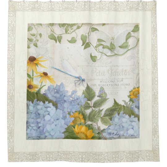 Bath Decor Farmhouse Vintage Floral Dragonfly Art Shower Curtain