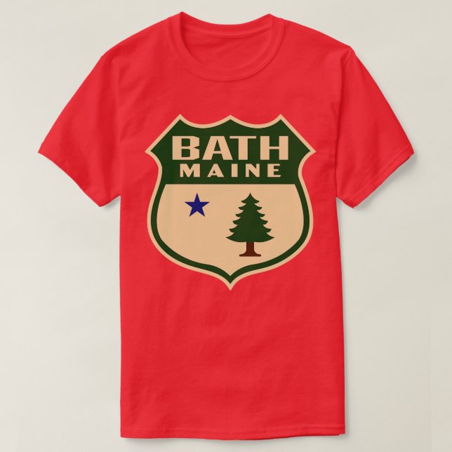 Bath Maine Retro Pine Tree Shield Green T-Shirt (Design Front)