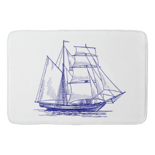 Bath mat chic nautical blue sailing ship 
