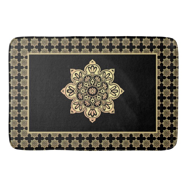  Bath Mat, gold Medallions on black Mat (Front)