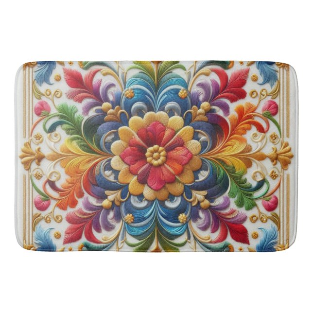 Bath Mat Rainbow Flowers Embroidery Looking Floral (Front)