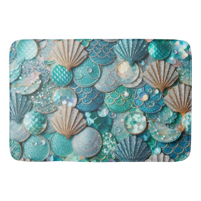 Bath Mat Shimmering Teal Mermaid Tail And Shells (Front)
