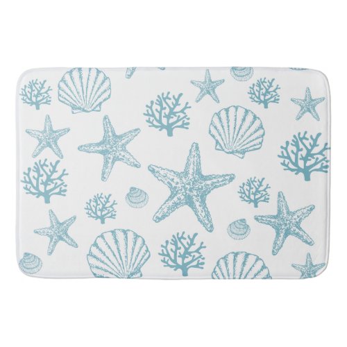 Bath Mat Teal Seashell Starfish Beachy Pattern