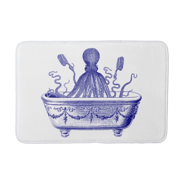 Bath Mat with vintage navy blue octopus (Front)