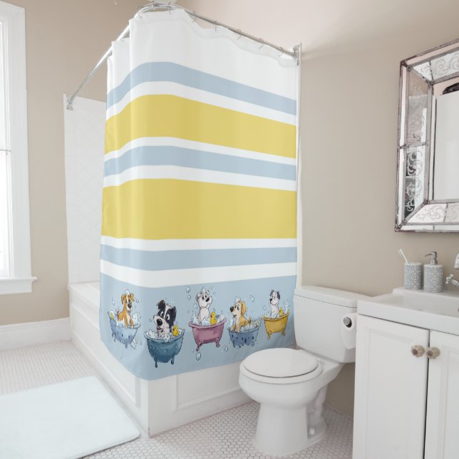 Bath Time Puppies Border Stripe Pattern Shower Curtain (In Situ)