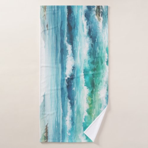 Bath Towel Ocean Waves Beach Watercolor Painting