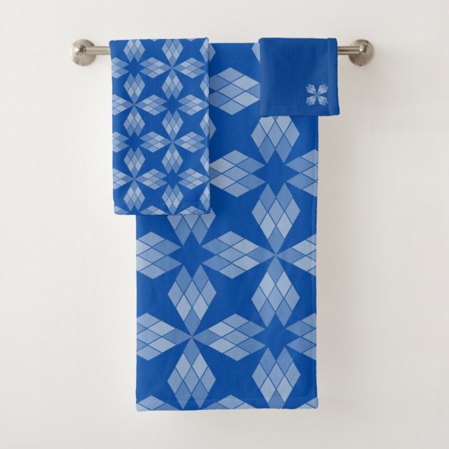 Bath Towel Set - Diamond Petals on Blue (Insitu)