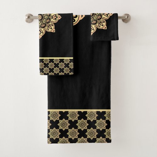  Bath Towel Set gold Medallions on black