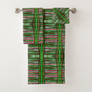 Bath Towel Set Green, Black, White Weave