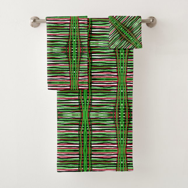 Bath Towel Set Green, Black, White Weave (Insitu)
