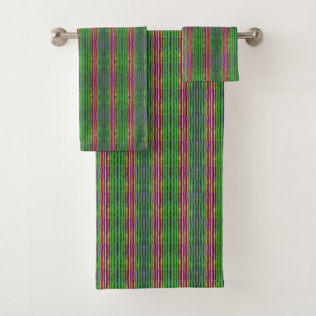 Bath Towel Set Green, Yellow, Red Stripes (Insitu)