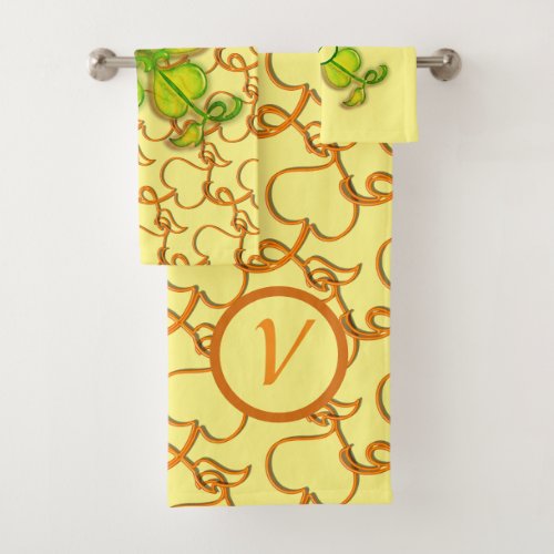 Bath Towel Set _ Ivy Leaves and Monogram on Yellow