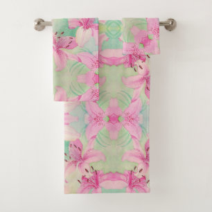 Bath Towel Set - Pink Watercolor Lilies